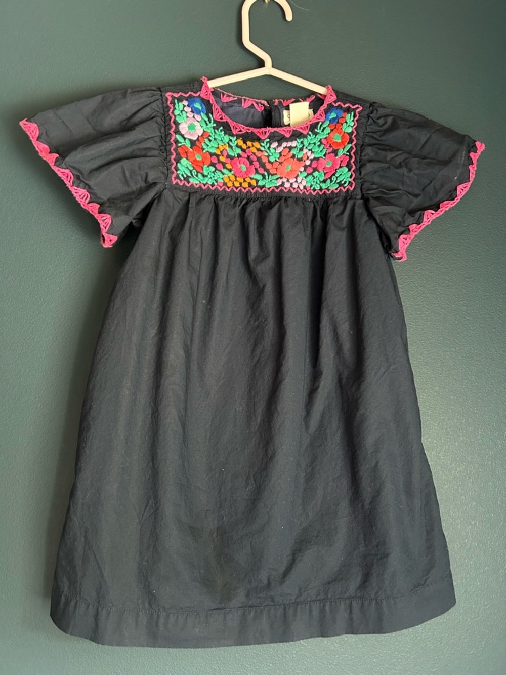 Crewcuts Dark Navy Blue Dress with Bright Floral Embroidery and Pink Trim